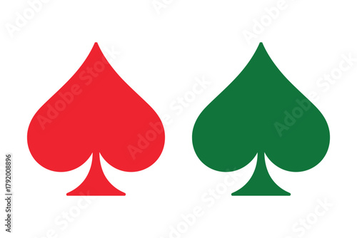 Two spade symbols, one red and one green, are displayed side-by-side against a white background, representing the game of cards.
