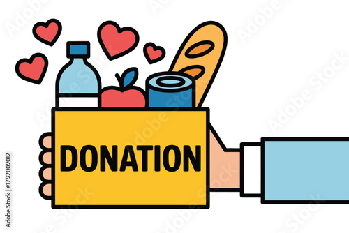 A hand holding a donation box filled with food and water, symbolizing charity and giving.