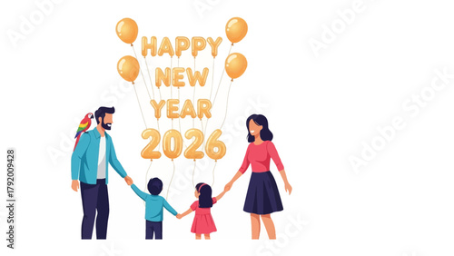 Family New Year Celebration 2026: A happy family united under the Happy New Year 2026  balloons, celebrating togetherness and the start of a new year. A symbol of familial happiness, hope.