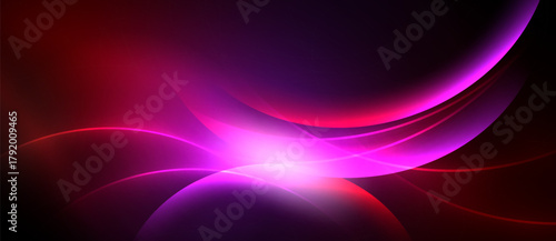 Abstract vibrant design features flowing curves, pinks, purples, reds. Dramatic lighting creates dynamic visual impact. Smooth gradients dominate composition.