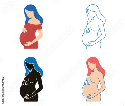 Illustrations depicting pregnant women in various styles and colors, showcasing the human form during gestation.