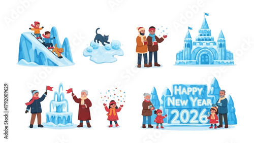 Festive Winter Wonderland:  Illustrations showcase joyful scenes of a family ice sculpture with celebrating the joy of New Year's, and the pleasure of winter. 
