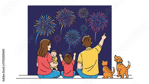 Celebrating the night sky with fireworks: A heartwarming illustration that depicts a family, along with their pet dog and cat, watching a mesmerizing display of fireworks on a summer night.