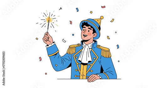 Magical Celebration: A smiling, costumed individual holds a sparking wand amidst a shower of confetti, evoking a sense of joy and enchantment