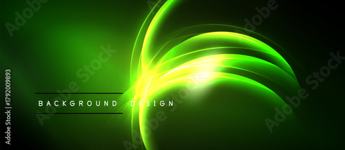 Bright green neon waves radiate from central point. Dark background enhances luminous effect. Modern design element.