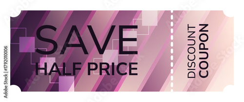 Modern half price discount coupon template with geometric design. Vector template with gradient for advertising sales, promotions, and campaigns