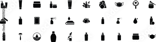 Skin care icon set. Including Cleanser, Moisturizer, Serum, Sunscreen, Exfoliate, Toner, Mask, Hydration, Cream. vector illustration