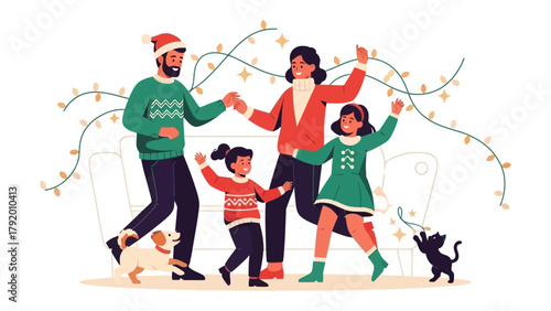 Joyous Holiday Celebration: A cheerful family is gathered, dancing beneath twinkling lights, embodying the spirit of togetherness, warmth, and the joy of the holiday season.