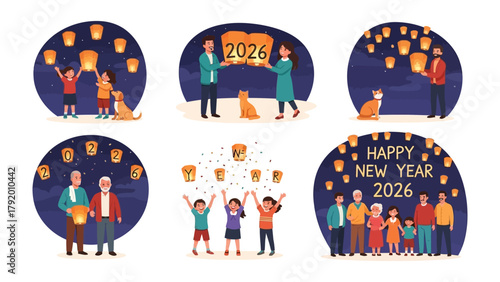 Year 2026 Celebration: A vibrant collection captures the essence of a heartwarming new year celebration, featuring families and friends releasing illuminated lanterns into the night sky.