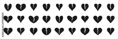 Broken heart icon flat fill set collection. Heart broken icon symbol set