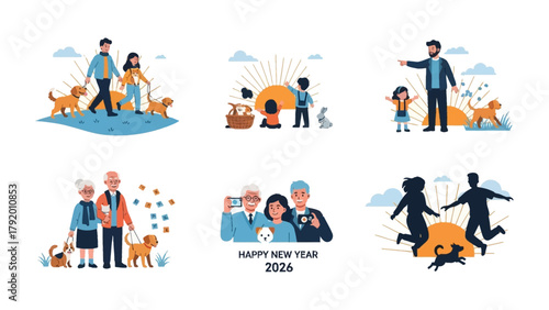 Family & Dog Illustration : This heartwarming illustration shows happy families with their dogs, set against a cheerful backdrop, depicting scenes of togetherness, shared experiences.