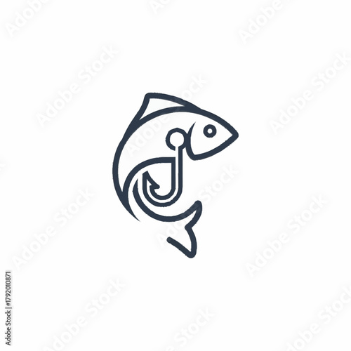 Minimalist line art icon of a fish and fishing hook.