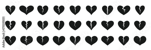 Broken heart vector icons set. Cracked heart symbol. Heart illustration isolated on white background.