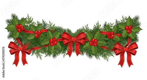 Festive Christmas Garland Adorned with Red Bows, Holly, and Evergreen Branches for Holiday Decorations and Seasonal Designs