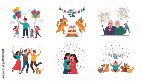 New Year's Celebration: Colorful illustrations capture the joy of welcoming the new year, featuring families, pets, and festive decorations, offering a warm sense of unity and togetherness.