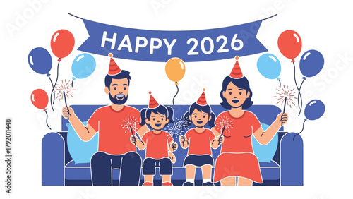 New Year's Eve Festivities: A Family's Joyful Celebration in 2026. Captured amidst a vibrant display of balloons, the family exuding warmth and excitement as they usher in the new year.