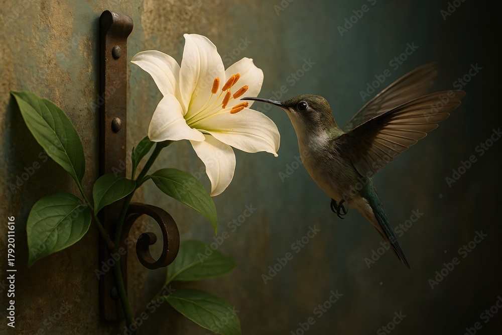 Obraz premium Close-Up of a Hummingbird Hovering by a White Lily Flower on a Rustic Wall