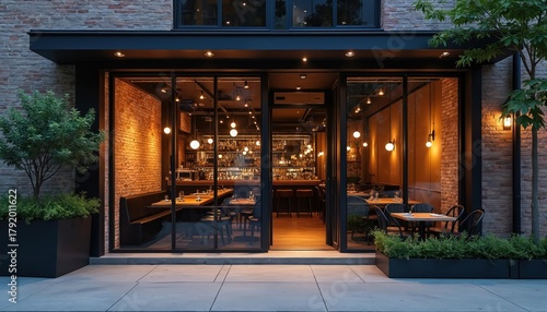 Modern restaurant with large glass windows, brick wall. Inside shows warm lit bar, dining area. Outdoor patio seating with plants. Urban city building facade at dusk for eating, drink business.