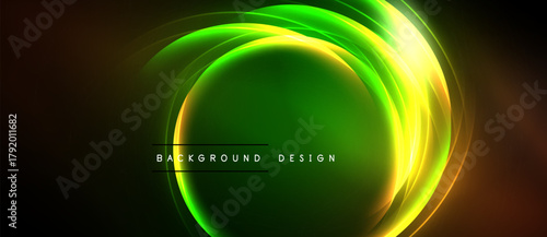 Abstract green, yellow light curves form circular shape. Dark background enhances vibrant glow, modern design element.