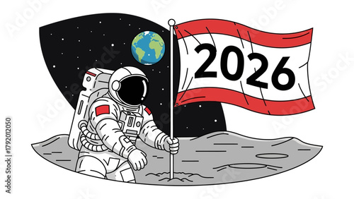 Astronaut's 2026 Space Flag: A monochrome illustration of an astronaut on the moon plants a flag with the year 2026, Earth and a starry backdrop suggesting future space exploration and ambition.