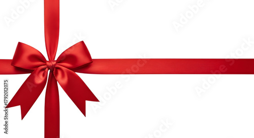 A classic red satin ribbon tied in a bow, forming a cross shape, isolated on a transparent background for gift wrapping