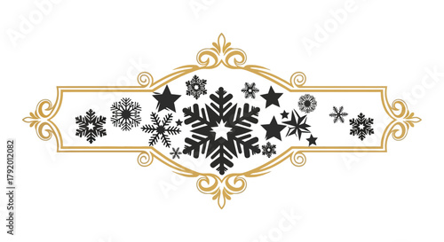 Elegant decorative banner with intricate snowflake designs and golden ornate flourishes for winter holidays