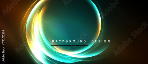 Abstract circular design. Vibrant teal, gold, orange hues blend. Dark background emphasizes glowing layers, creating dynamic visual effect. Text reads background design.