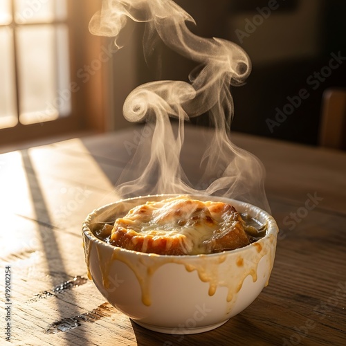 Steaming Bowl of French Onion Soup on Wooden Table.