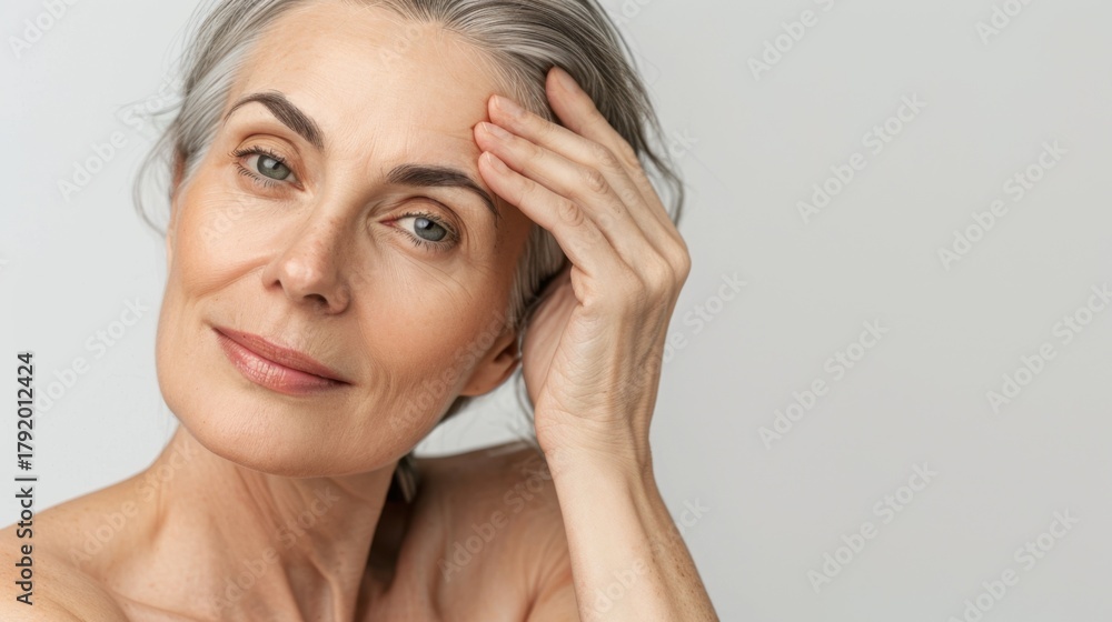 Obraz premium A senior Caucasian woman with gray hair gently touches her forehead. She has a calm expression and smooth skin, set against a neutral background.
