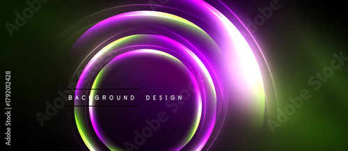 Abstract neon circles over dark background. Vibrant purple, green hues create modern design element. Text reads background design.