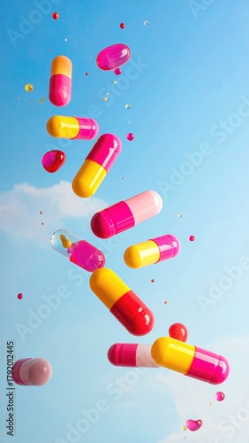 Capsules float against blue, cloudy sky