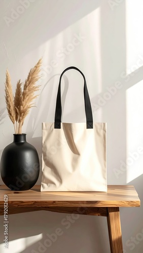 Tote bag near vase on wooden table