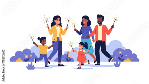 Family Celebration with Sparklers: A happy family joyfully celebrates with sparklers in a lively, colorful scene filled with cheer. The vibrant moment capturing the true spirit of togetherness.