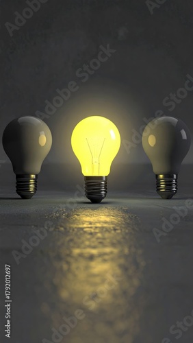 Lightbulb trio, one glows brightly