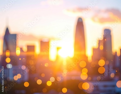 Bokeh cityscape bathed in golden light