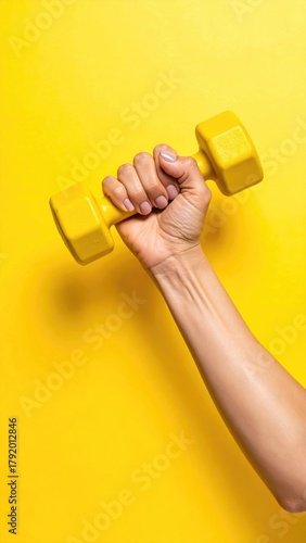 Hand holds yellow dumbbell overhead