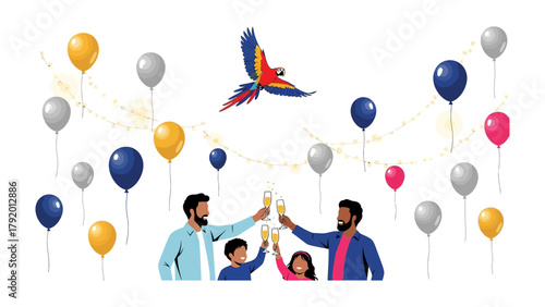 Celebration Toast with Parrot and Balloons: A heartwarming scene unfolds as a family, joined by a vibrant parrot, raises their glasses in a joyous toast amidst a cascade of colorful balloons.