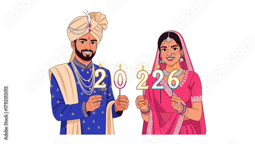 Indian Wedding Celebration: A joyful Indian couple, adorned in traditional attire, shares a moment of happiness by holding up candles that read 2026, symbolizing a special year.