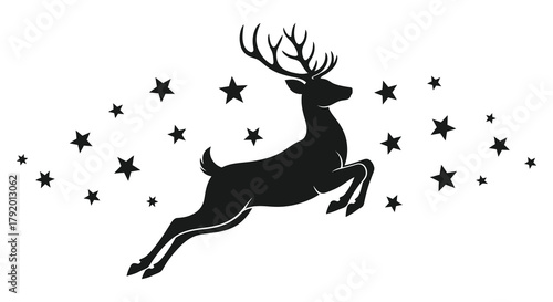 Silhouette of a majestic stag leaping through a field of twinkling stars against a white background