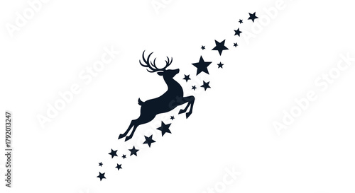 Silhouette of a leaping reindeer with antlers surrounded by a trail of twinkling stars against a white background