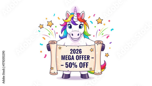 Unicorn Megastore: A whimsical unicorn proudly displays a promotional banner announcing a mega sale with vibrant confetti, capturing the essence of celebration and discount.