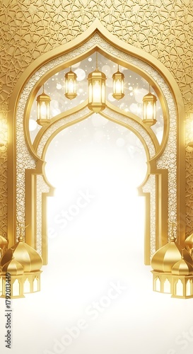 Elegant golden Islamic archway design for Ramadan and Eid celebration