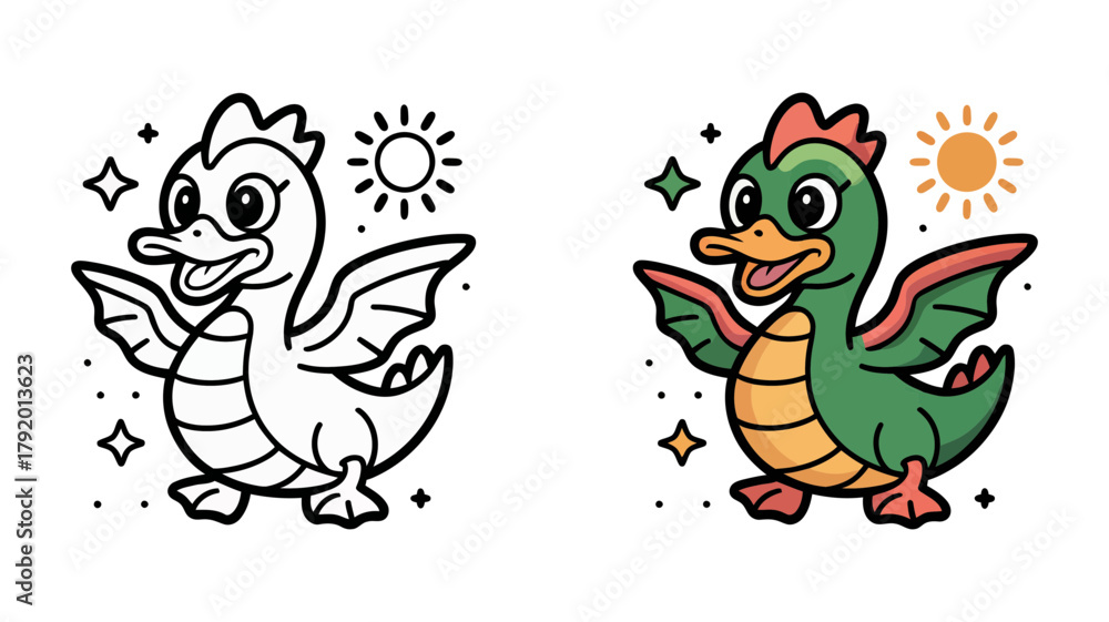 Fototapeta premium Playful cartoon baby dragon character in outline drawing for coloring, alongside a vibrant, fully colored illustration, perfect for kids' art.