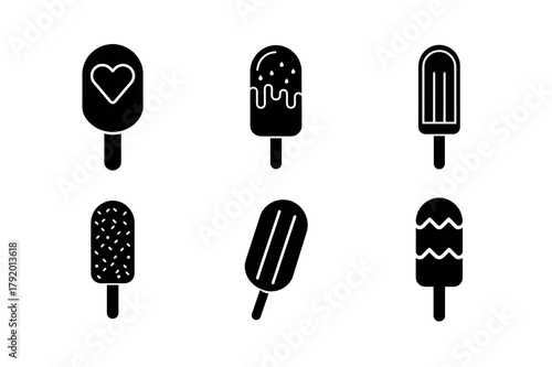 Popsicle and Ice Cream Bar Icon Set. Vector Collection of Summer Dessert and Ice Candy Icons in Black Glyph Silhouette Style