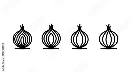 Minimalist black line art vector icons of onions arranged horizontally on a clean white background, perfect for culinary and kitchen themes