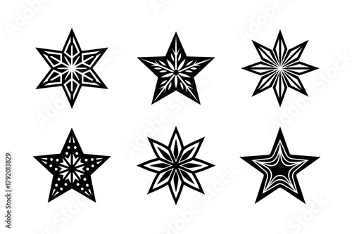 Ornamental Star Icon Set. Vector Collection of Celestial, Mandala, and Christmas Ornament Icons in Black Glyph Silhouette Style