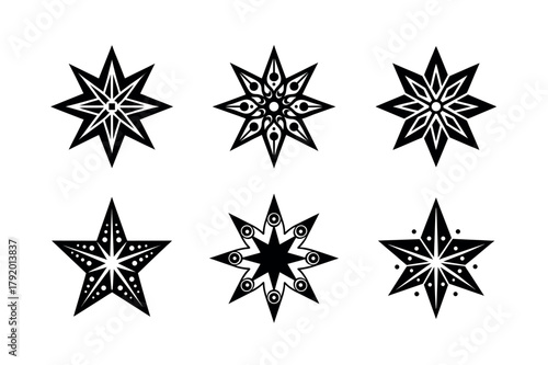 Ornamental Star Icon Set. Vector Collection of Celestial, Mandala, and Christmas Ornament Icons in Black Glyph Silhouette Style