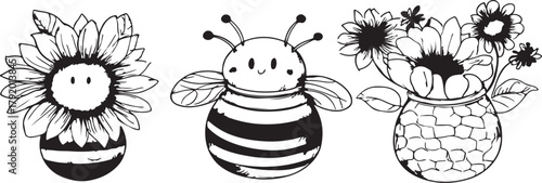 Black and white cartoon insect illustration of a cute and funny bee character vector