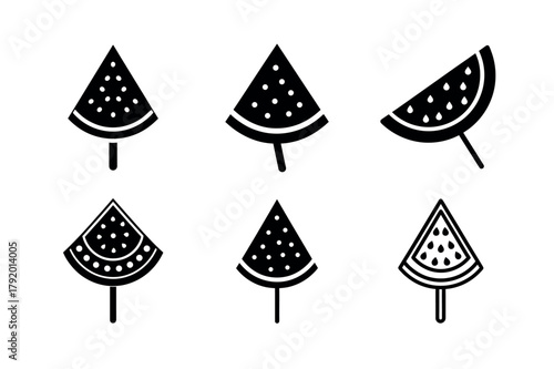 Watermelon Slice Icon Set. Vector Collection of Summer Fruit, Popsicle, and Dessert Icons in Black Glyph Silhouette Style