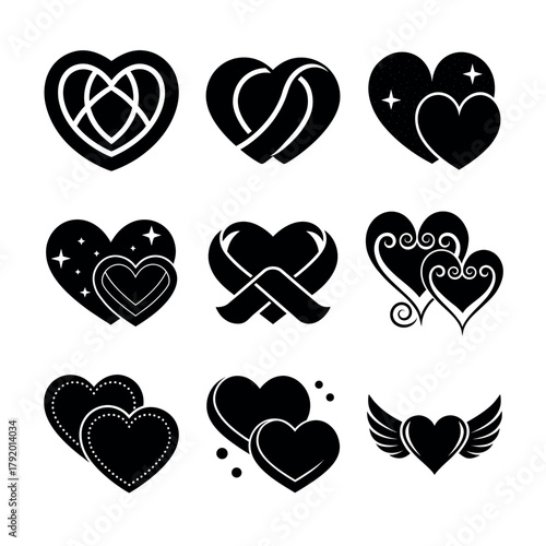 Love Heart Icon Set. Vector Collection of Romantic, Wedding, and Valentine's Day Icons in Black Glyph Silhouette Style